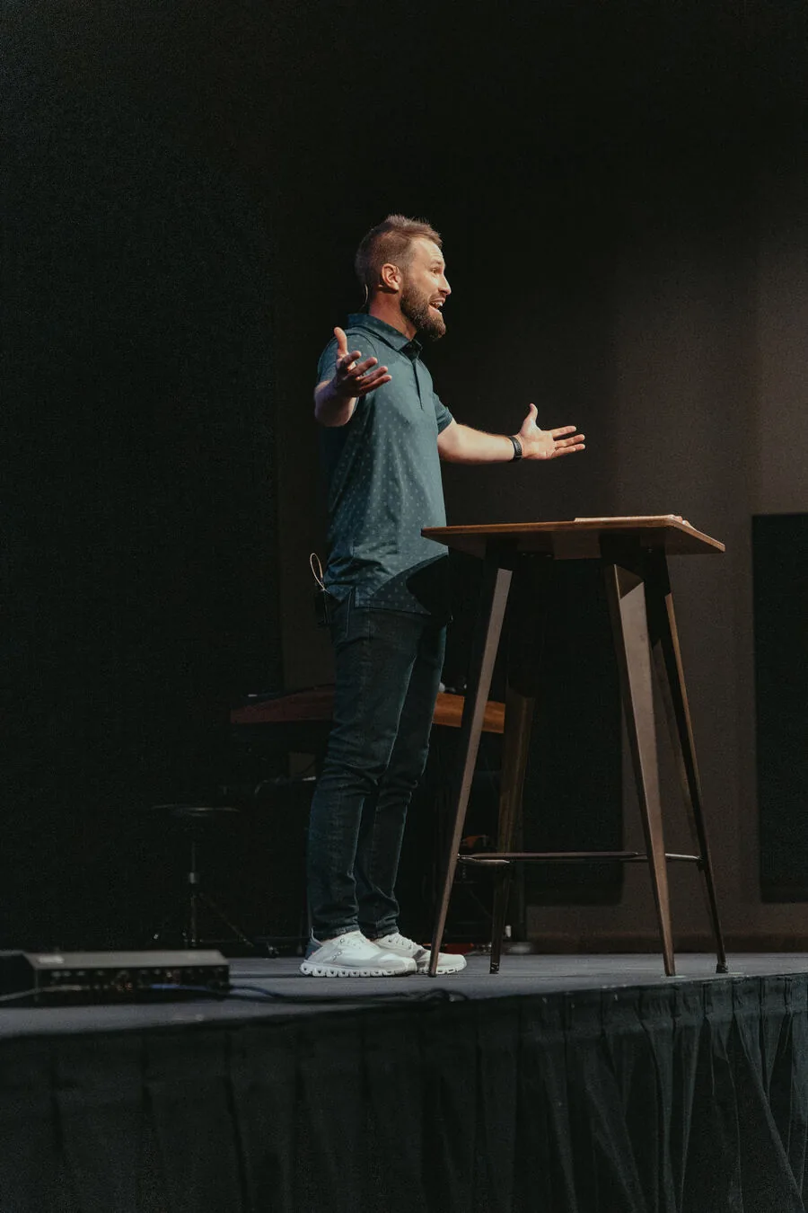 Teaching from the stage.